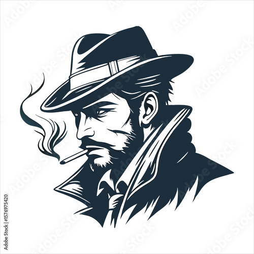 Mysterious man with a fedora and a cigarette exudes an air of intrigue and oldfashioned charm, isolated on white background