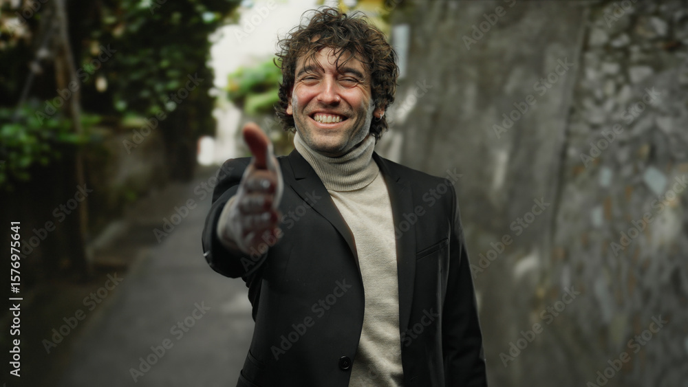 Fototapeta premium Young man smiling outdoors on city street extending hand for handshake in welcoming gesture, wearing black blazer and turtleneck sweater in casual urban environment.
