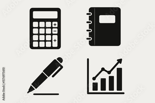 Calculator, notebook, pen, and graph icons for office and business