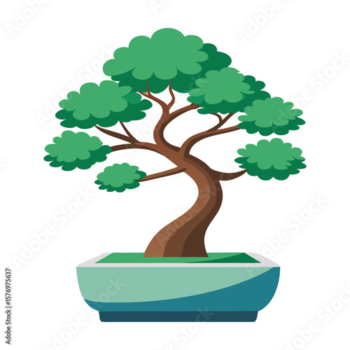 Stylized green bonsai tree in a blue ceramic pot