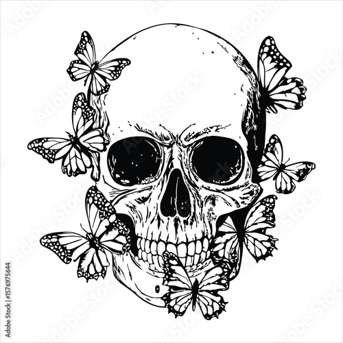Stark white skull is adorned with a flurry of delicate butterflies, creating a captivating contrast between life and death isolated on white background