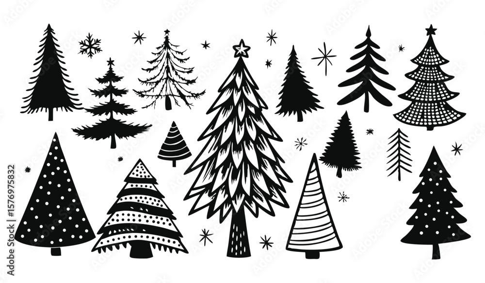 Obraz premium Whimsical collection of handdrawn christmas trees, each uniquely styled and arranged in a festive composition, evokes the spirit of the holiday season isolated on white background