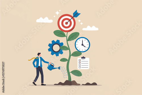 Businessman watering a growing plant with a target on top representing business growth goal achievement and strategic planning with time management and task completion isolated on transparent backgrou