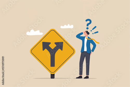 Confused businessman standing at a road sign with two diverging paths symbolizing decision making and uncertainty isolated on transparent background