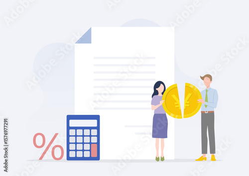 コイン・資金・利益・費用を半分ずつ分け合うビジネスマンとビジネスウーマン