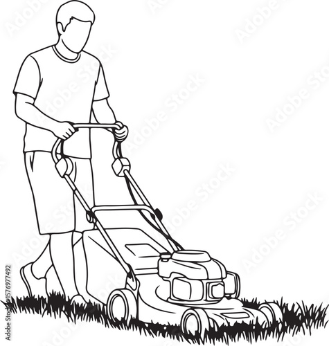 A vector illustration of a person mowing a lawn with a push mower, depicting outdoor yard work