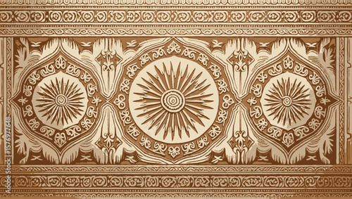 Elegant Ornate Wall Panel with Intricate Sunburst Designs in Warm Brown Tones, YAKAN CLOTH FILIPINO DESIGN