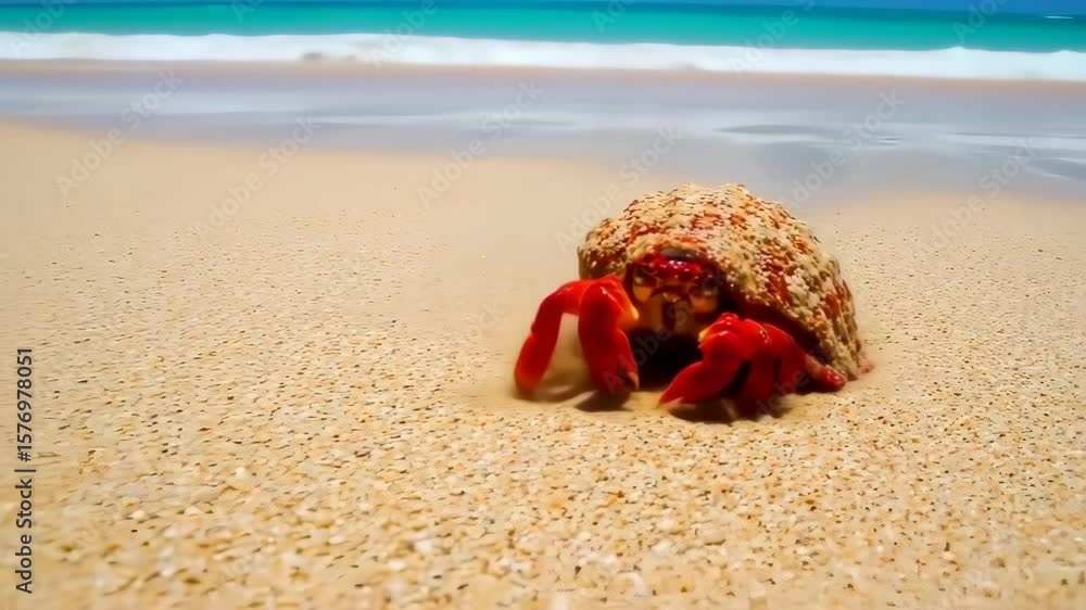 Hermit crab Emerging from Shell on Sandy Beach with Clear Ocean Background Hermit crab Emerging from Shell on Sandy Beach with Clear Ocean Background