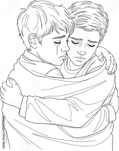  A vector illustration of two young boys hugging tightly, one crying, conveying comfort and shared sorrow.