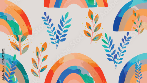 Watercolor rainbows and leaves pattern with blue and orange hues in a seamless repeat design