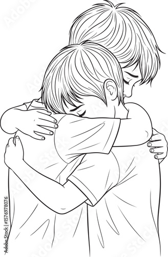  A vector illustration of two young boys hugging each other tightly, conveying comfort and support