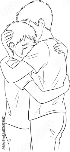 A vector illustration of two young boys hugging tightly, with one crying, conveying comfort and emotional support.