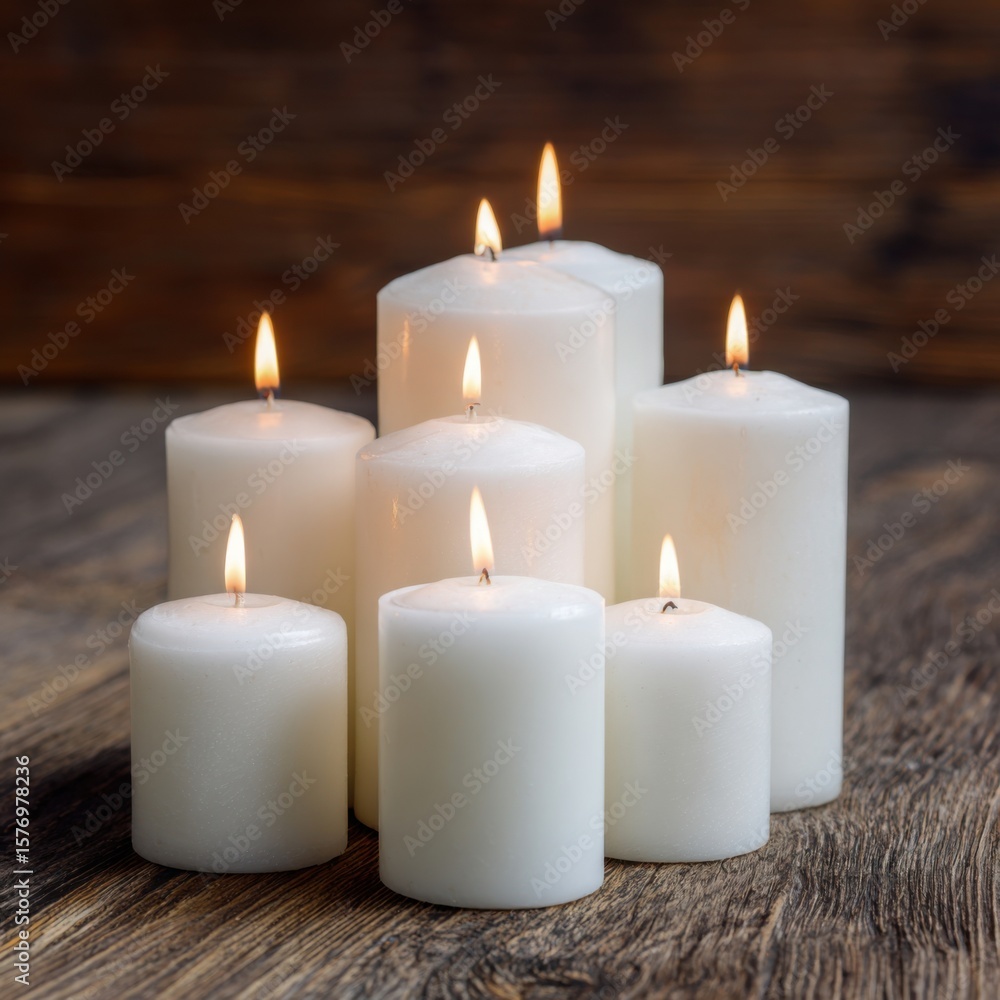 A serene arrangement of white candles on a rustic wooden table. A serene arrangement of white candles on a rustic wooden table.