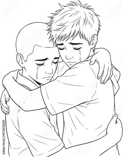 Line art illustration of two young men embracing, crying in a moment of shared grief.
