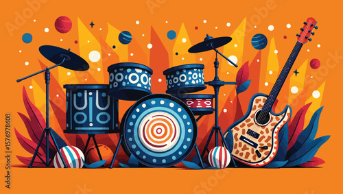 Vibrant illustration of a rock band performing live, featuring four members playing guitars and a colorful striped drum set. Set against a bright orange background with stars and abstract elements