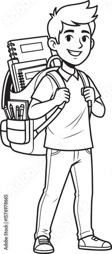 A detailed line art illustration depicting a cheerful school boy, standing confidently with a backpack visibly filled with books and school supply