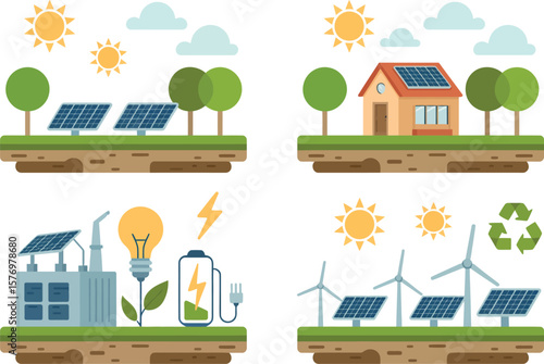 Illustration depicting solar panels, wind turbines, battery, lightbulb, and house with solar panels