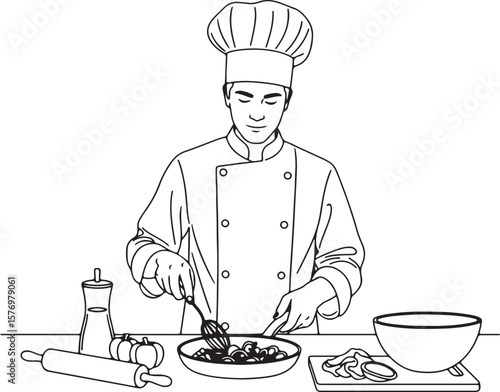 A professional chef, focused and precise, meticulously prepares a dish with fresh ingredients and kitchen utensils.