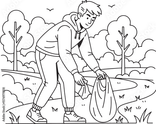  A vector illustration of a young man diligently picking up litter in a park, contributing to a clean environment.