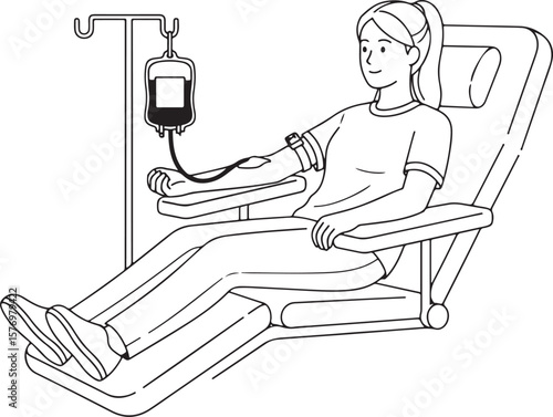 A vector illustration of a young woman comfortably donating blood, contributing to a life-saving cause