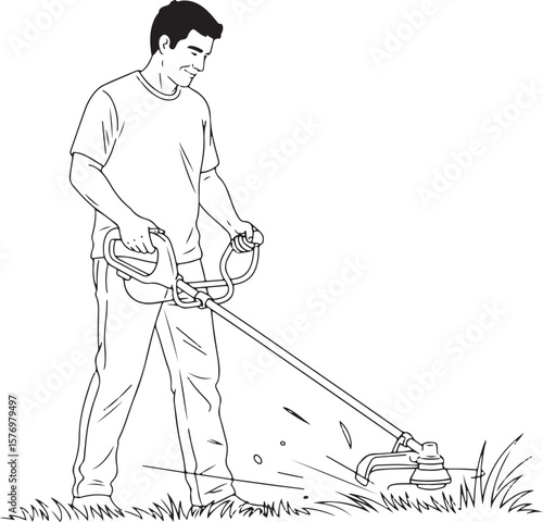  A vector illustration of a man actively using a string trimmer, neatly cutting overgrown grass and weeds.