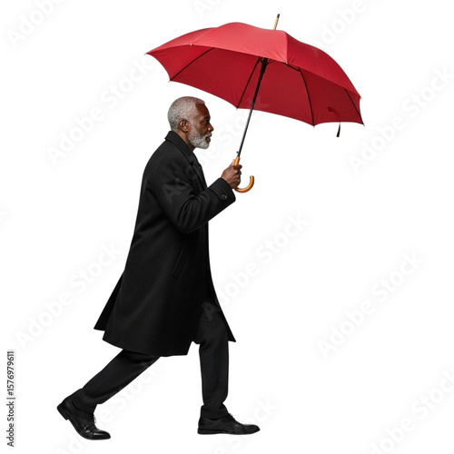 Senior man walking with red umbrella isolated on transparent background