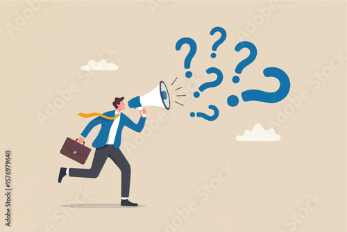 Businessman running and shouting through a megaphone emitting multiple blue question marks symbolizing confusion uncertainty or seeking answers isolated on transparent background