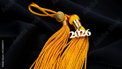 Golden graduation tassel with year charm on dark fabric image