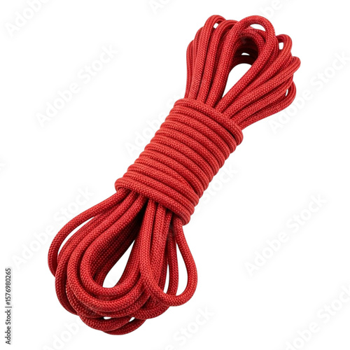Thick coiled red climbing rope isolated on transparent background