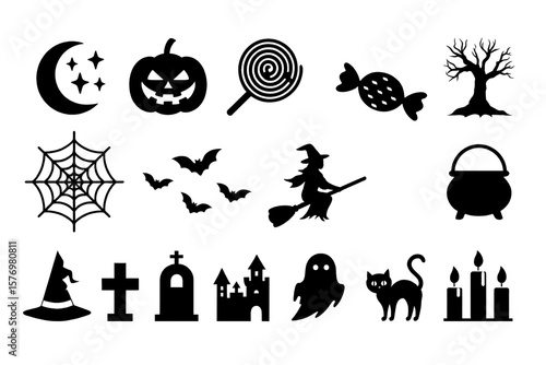 Halloween icons black silhouettes of spooky objects and creatures pumpkin