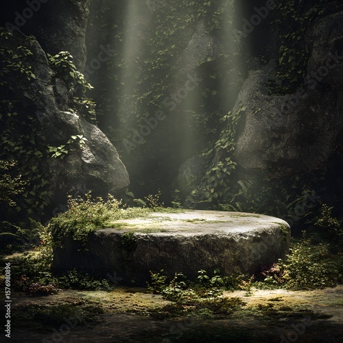 Sunlight streams down onto a mossy stone podium in a lush forest, creating a mystical and natural scene perfect for product display
