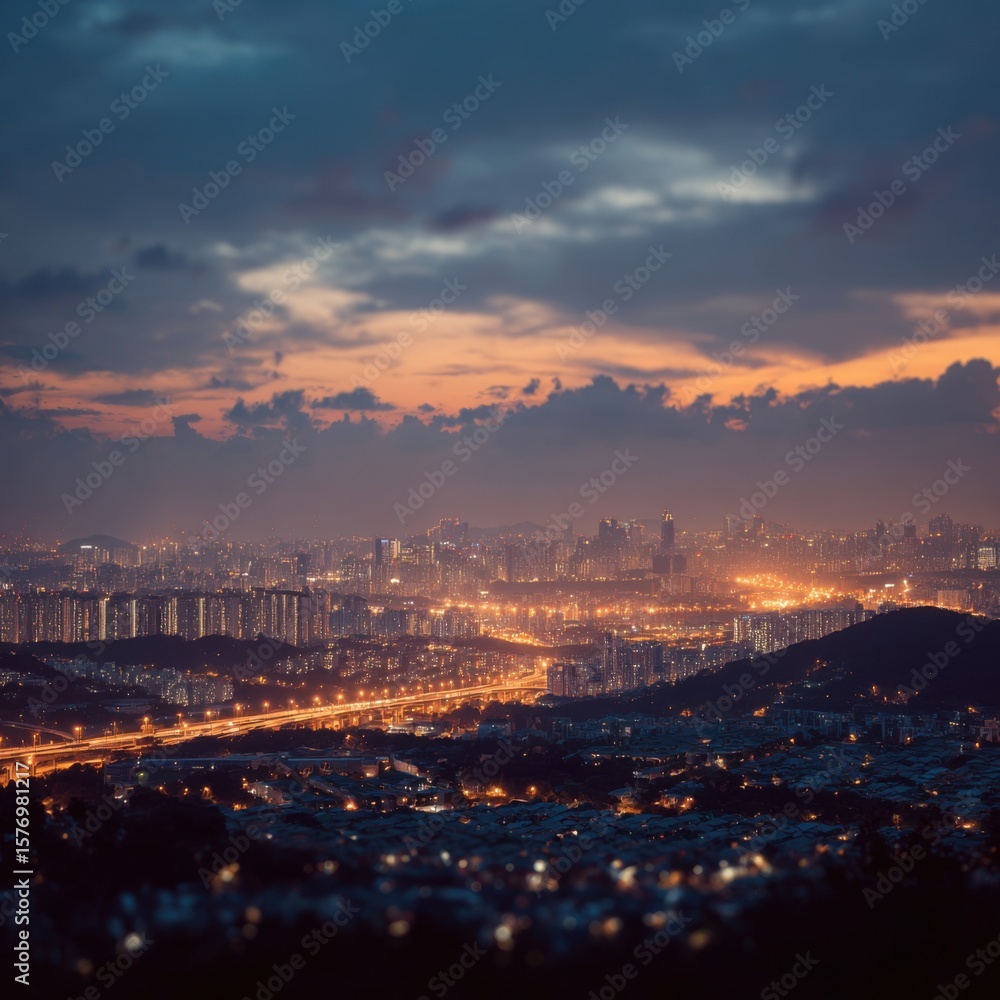 Fototapeta premium A distant view of a city at dusk, showcasing vibrant lights.