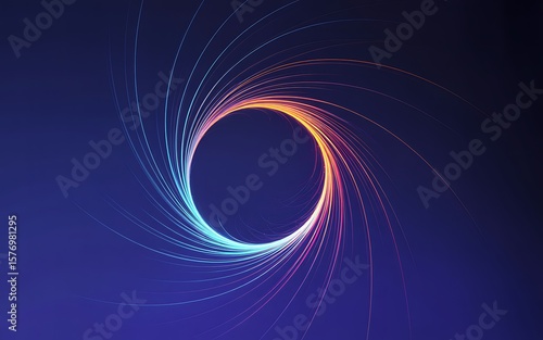 Circular gradient stream creates an abstract portal against a dark blue background, energy vortex design.