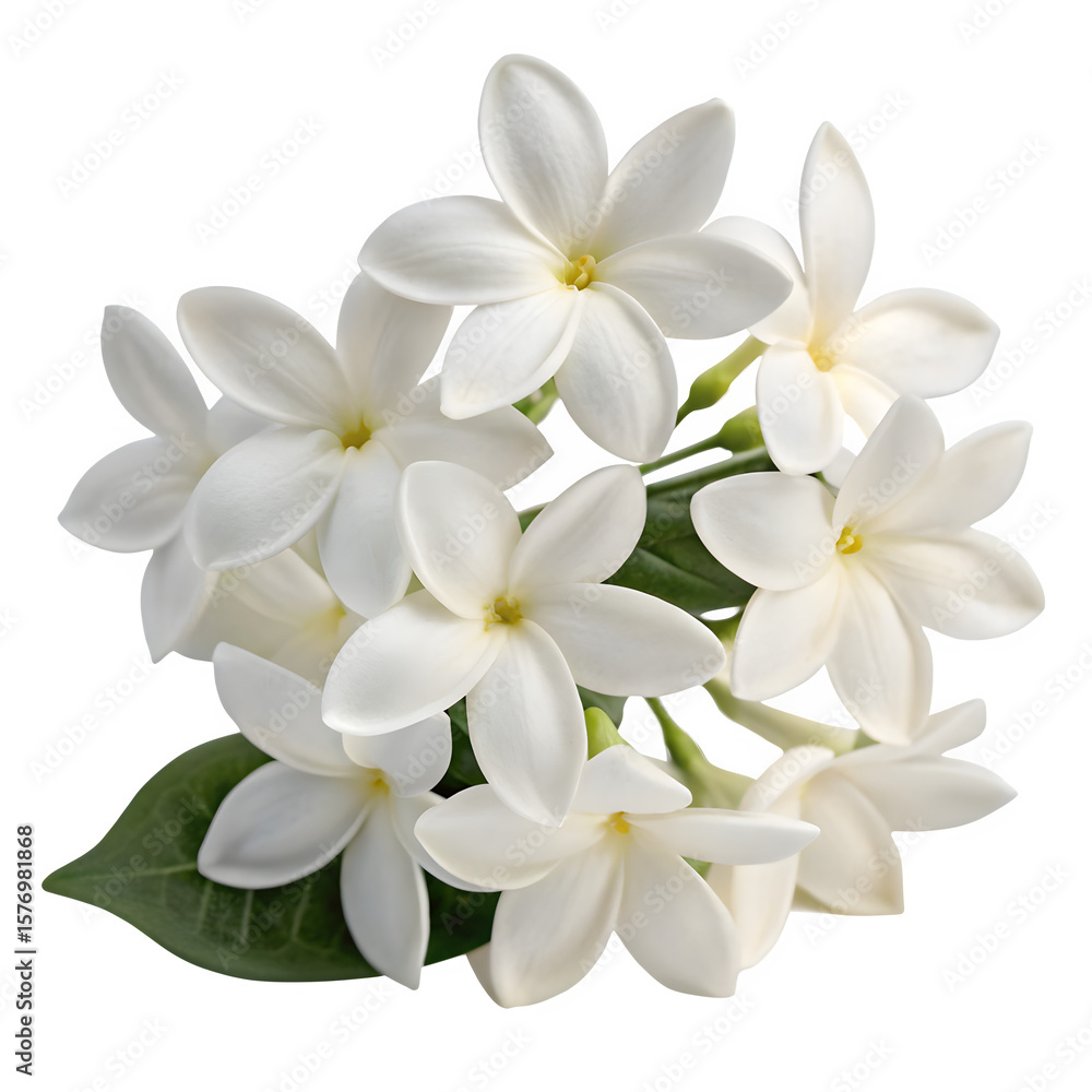 Obraz premium Cluster of delicate white jasmine flowers with green leaves isolated on transparent background
