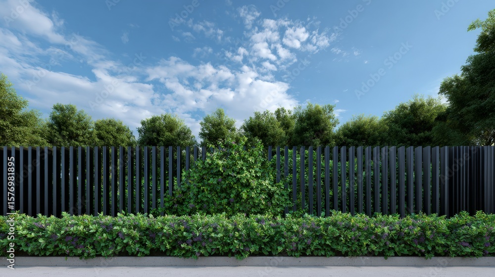 Fototapeta premium Modern black fence with lush greenery under blue sky