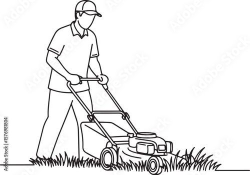 A vector illustration of a person wearing a cap, pushing a lawnmower and creating a clean-cut line.