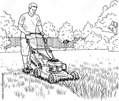 A vector illustration of a man mowing a lush green lawn in a backyard, showcasing routine garden maintenance