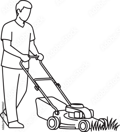  vector illustration of a person pushing a lawnmower, precisely cutting the edge of a grassy area