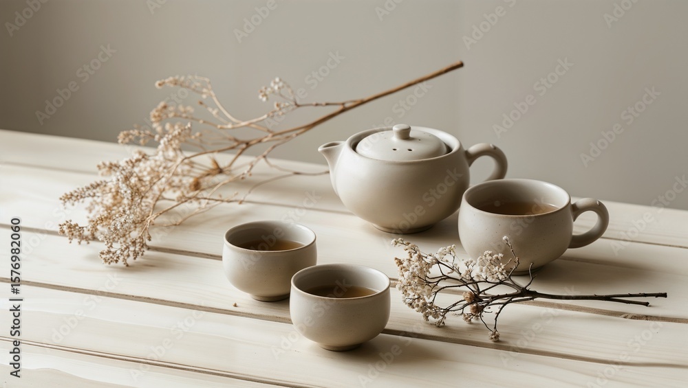 Fototapeta premium A Moment of Calm: Neutral Tones and Tea for Wellness