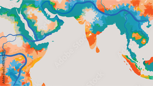 Illustration depicting a map of the middle east and asia with blue rivers and colorful regions