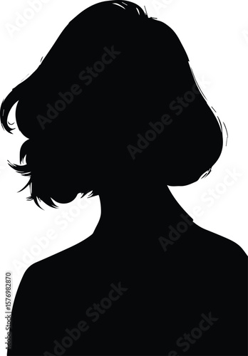 A vector illustration of a dark, anonymous silhouette of a woman's head and shoulders, with slightly styled hair