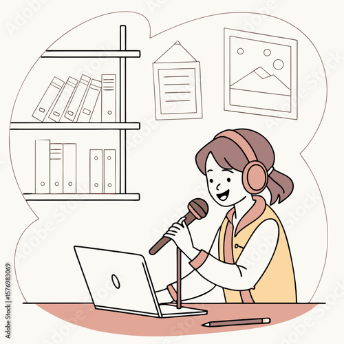 Illustration of a young person recording a podcast with a microphone and laptop in a cozy room setting