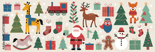 holiday scene showcasing Santa Claus riding a miniature steam locomotive amid nutcrackers, piled gift boxes, glittering baubles, striped candy canes, elf helpers, frosted pine boughs