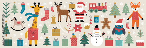  Santa Claus grins mischievously aboard a toy locomotive, surrounded by nutcracker soldiers, colorful gift boxes, sparkling ornaments, cheerful ribbons, bustling elves, festive holly, and snowy winter