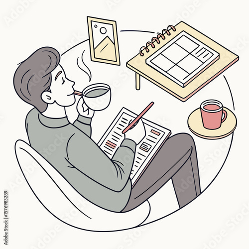 A person drinking coffee while working at a desk with a laptop, papers, and stationery in a cozy setting