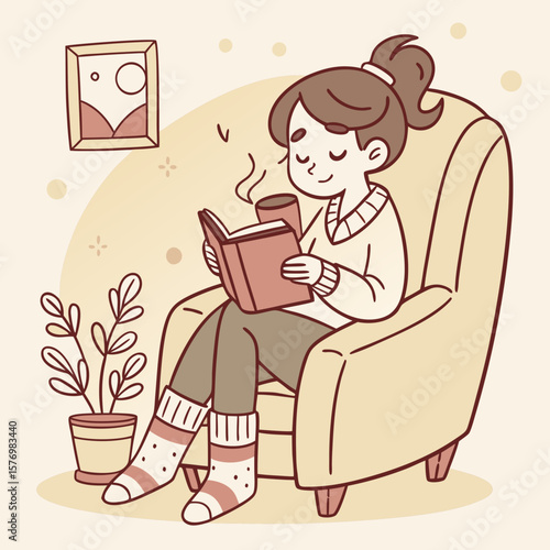Illustration of a woman reading a book while sitting in a beanbag chair next to a bookshelf at home
