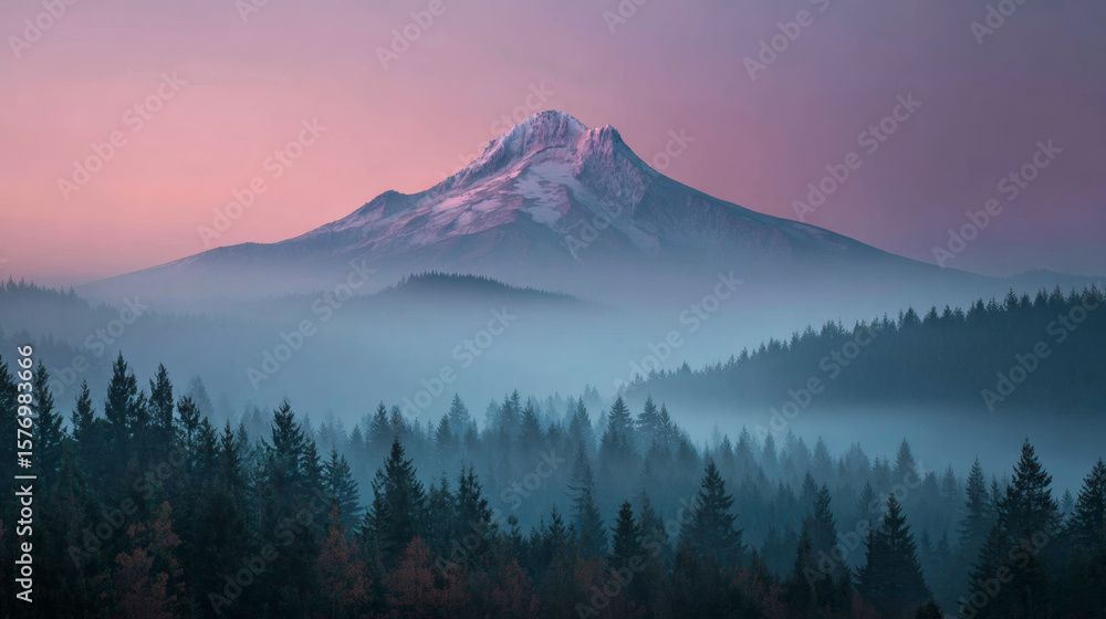 Obraz premium Serene Mountain Landscape at Dawn with Mist and Soft Sunrise Colors