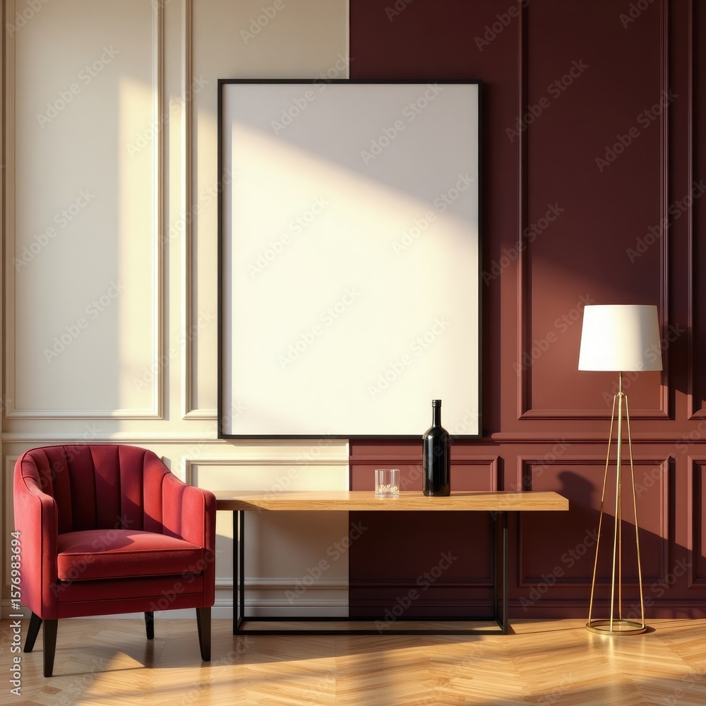 Modern living room interior mockup with red armchair lamp and blank frame poster for wall decor Modern living room interior mockup with red armchair lamp and blank frame poster for wall decor