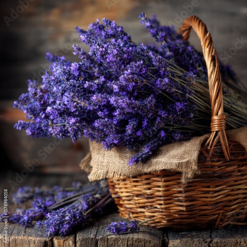 A beautiful arrangement of lavender flowers in a wicker basket.