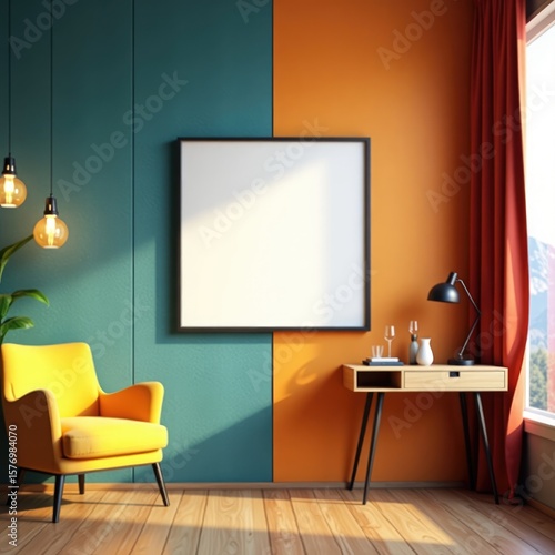Modern living room decor with yellow armchair, desk, and blank frame for artwork, interior design item